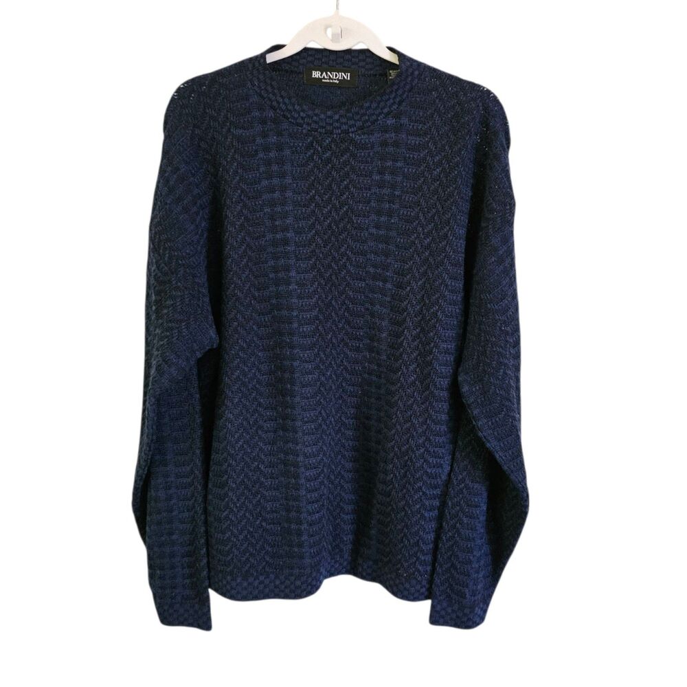 Brandini Sweater Mens Large Navy Blue Wool Textured Zigzag Knit Pullover Italy